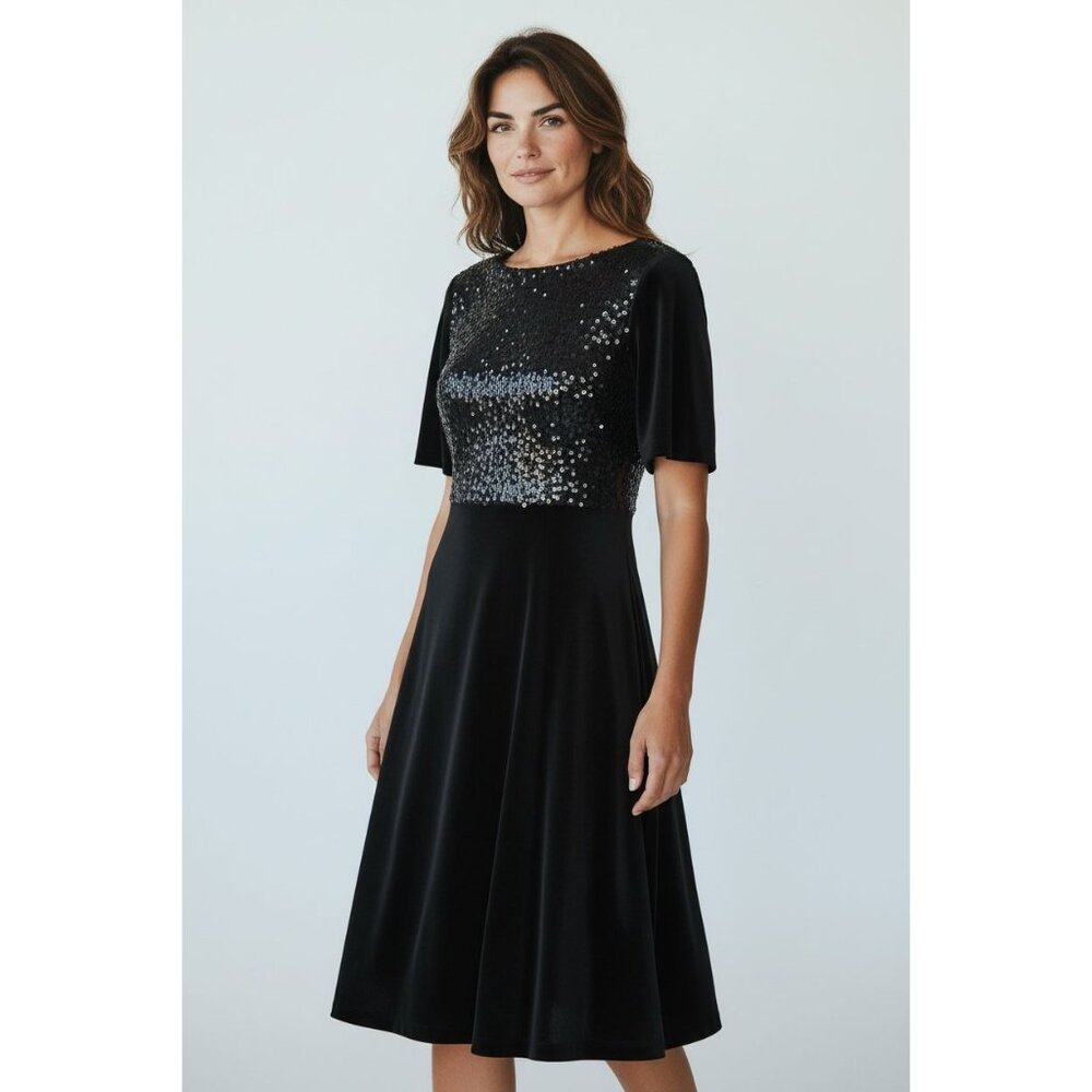 NEW Meetjen Black Velvet Sequin Top Flutter Sleeve Midi Holiday Parties Dress